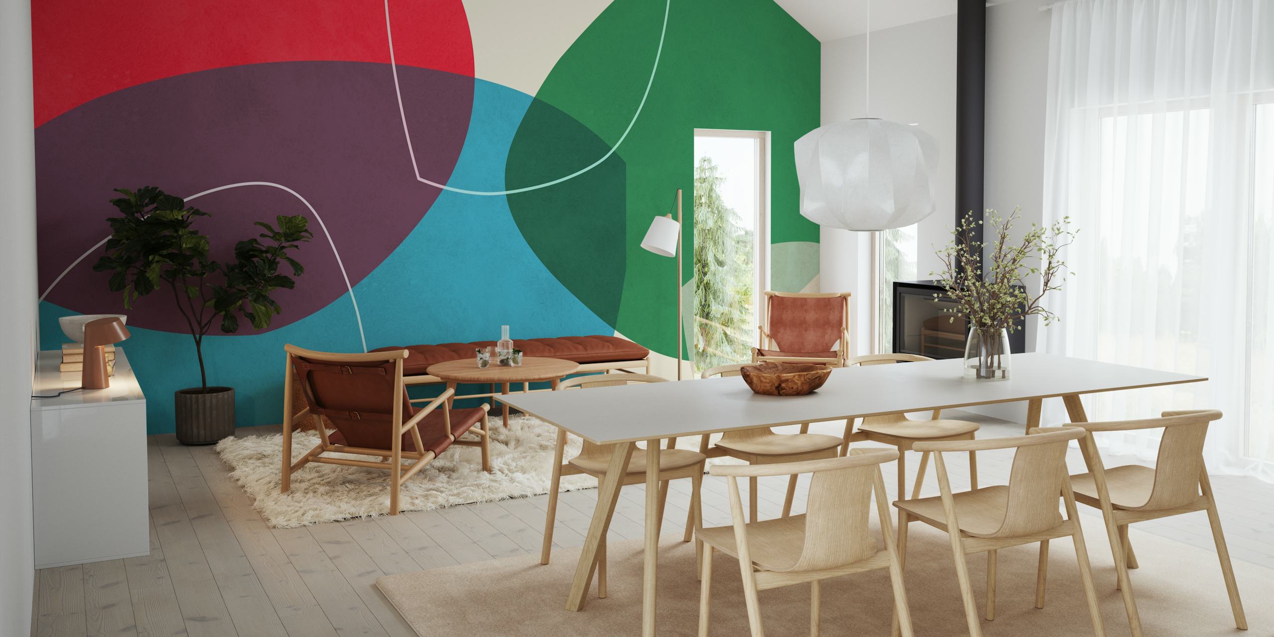 Colorful abstract shapes in red, green, blue, and beige wallpaper